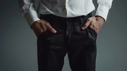The businessman in a white shirt and black trousers shows his empty pockets : Generative AI