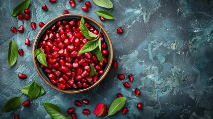 Pieces of fresh pomegranate in a bowl. On rustic background