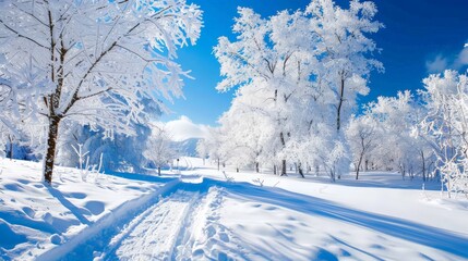 Obraz premium Snow Covered Path With Trees and Blue Sky