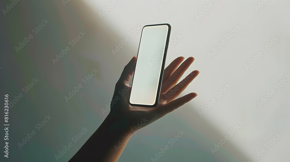 Fototapete Mobile Phone Mockup Image Screen as Empty Hand levitating a Blank Display Smartphone Clean and Minimal Styles : Generative AI
