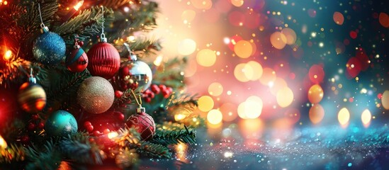 Colorful christmas tree with ornaments and bokeh lights