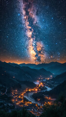 On a very dark night, the Milky Way can be seen in the sky, the beautiful mountains and rivers can be seen,generative ai