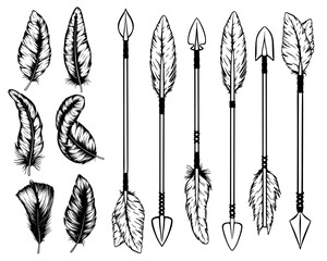 Set of ethnic of bow arrows and bird feathers in engraving style. Vector illustration in boho style