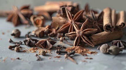 Close-up of cinnamon sticks, cloves, and star anise on gray.