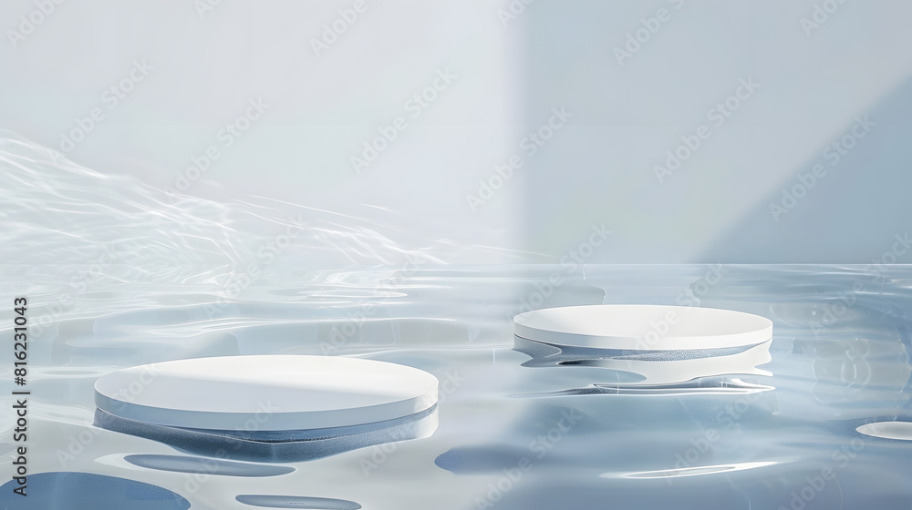 Leinwandbilder two empty clear white circle podiums on transparent calm water texture with splashes and waves in su