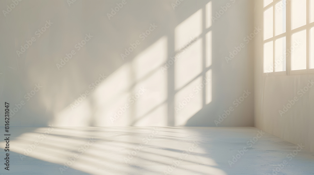 Leinwandbilder Beige studio background for product presentation Shadow of Window and Sunlight on Empty Room White Wall and Floor Summer concert Blurred backdrop : Generative AI