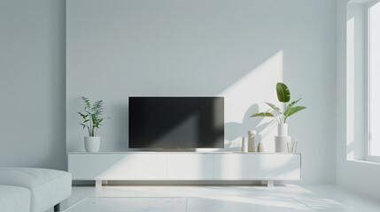 White color wall Background minimal living room interior decor with a TV cabinet : Generative AI