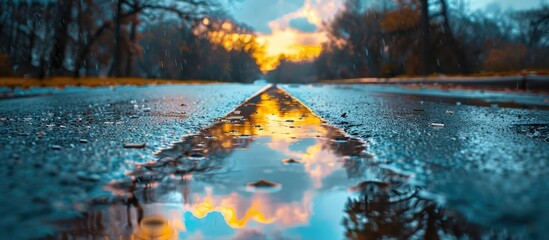 Reflective wet road at sunset