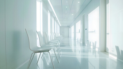 Empty modern hospital corridor clinic hallway interior background with white chairs for patients waiting for doctor visit Contemporary waiting room in medical office Healthcare service : Generative AI