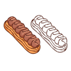 Eclair with chocolate cream dessert vector yand drawn coloring page for coloring book. Bake sweet dessert product.