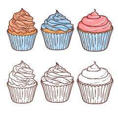 Cupcake with chocolate and berry cream dessert vector hand drawn coloring page for coloring book. Bake sweet dessert product.
