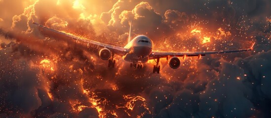 A daring airplane flies through a fierce cloud of fire, showcasing bravery and precision in extreme conditions.