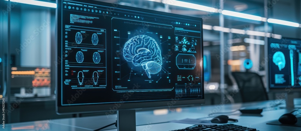 Poster multiple computer monitors showing a brain image for advanced technology concept.