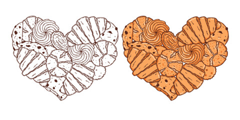 Oat cookie, puff pastry, croissant vector coloring page for coloring book. Love for bake sweet dessert product. Heart shape