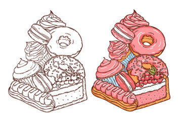 Macaron,  cheesecake, cupcake and donut with glaze icing dessert vector coloring page for coloring book. Bake sweet dessert product.