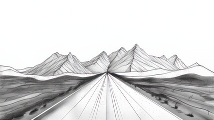 Simple line art of a long road leading to distant mountains.
