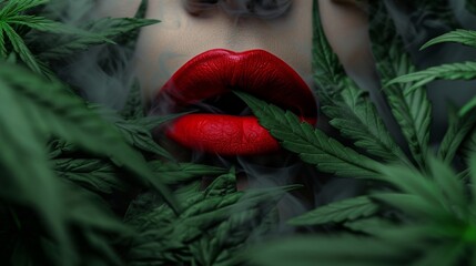 A sexy woman smoke behind cannabis leaf
