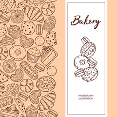Vector backery and confectionery template. Hand drawn donuts, cupcakes, macarons, croissant cookies and other sweets
