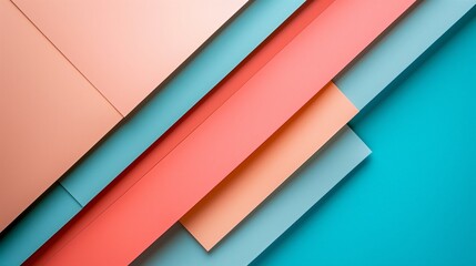 Fototapeta premium Abstract geometry composition background in pastel blue, pink, green colors with geometric shapes and curved wave lines. Top view, copy space 