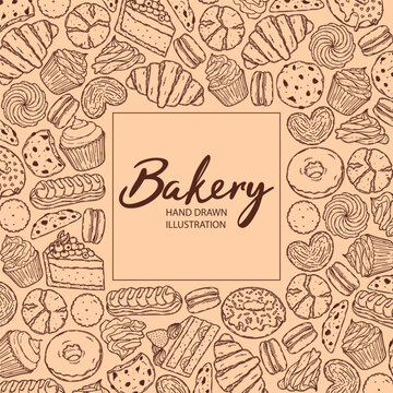 Vector backery and confectionery template. Hand drawn donuts, cupcakes, macarons, croissant cookies and other sweets