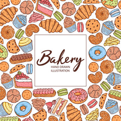 Vector backery and confectionery template. Hand drawn donuts, cupcakes, macarons, croissant cookies and other sweets