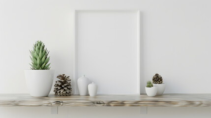 Interior composition in living room rustic wood bench green plant in pots ceramic vase pine cones statuette and picture in frame with blank space hanging on white wall Scandinavian des : Generative AI