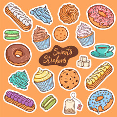 Pastry sweet vector stickers collection. Cupcake, macaron, cream topping, cookies and donut, fruit and chocolate  confectionery set