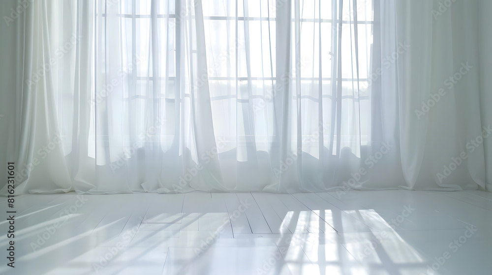 Aufkleber Backlit window with white curtains in empty room : Generative AI