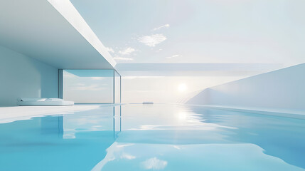 Modern minimalist sustainable house with a clear blue pool with sleek white walls and a serene sky backdrop : Generative AI