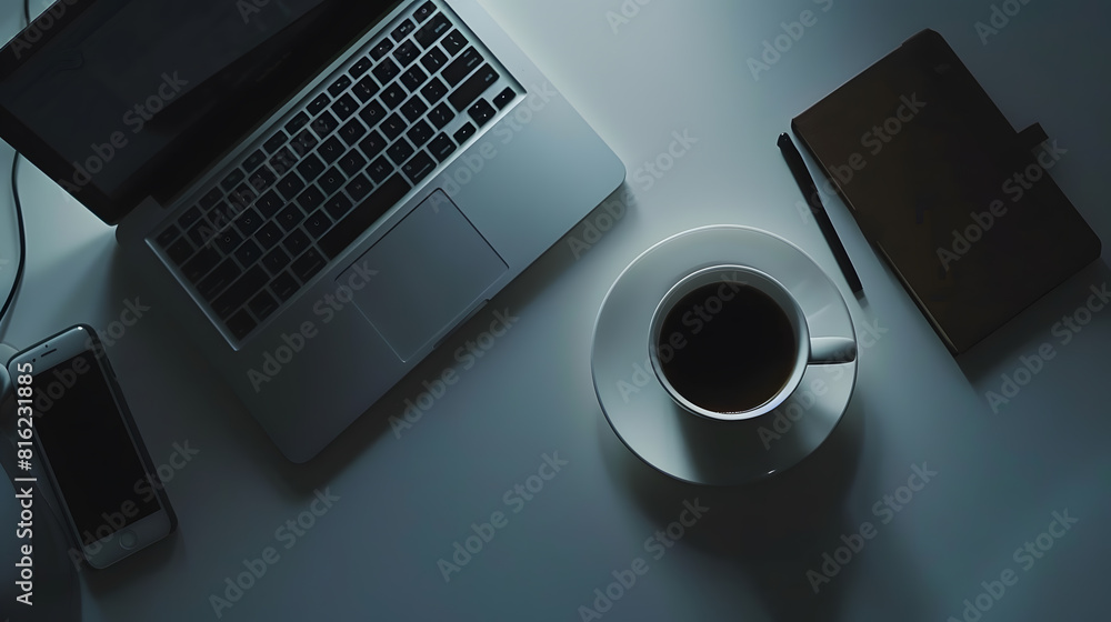 Aufkleber office working desk top view with laptop notepad and coffee : generative ai