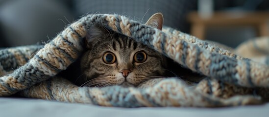 Tabby cat peeking from under blanket