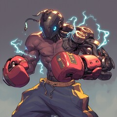 A cybernetic boxer with metal robotic arms
