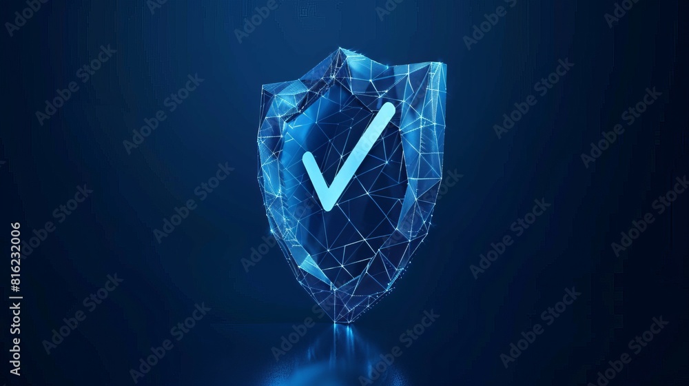 Poster polygonal wireframe shield with a check mark sign on a dark blue background, representing secure tec