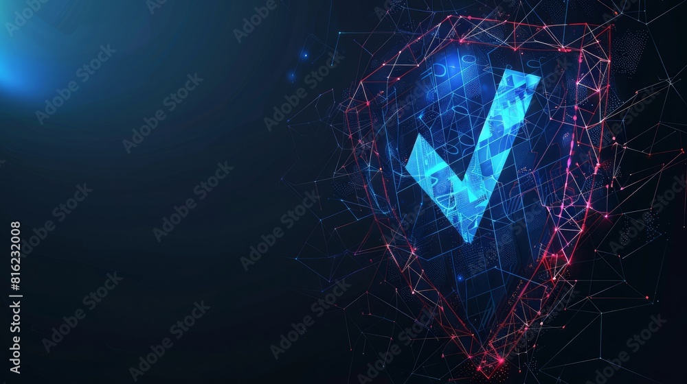 Poster polygonal wireframe shield with a check mark sign on a dark blue background, representing secure tec