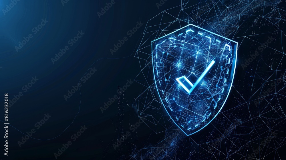 Poster polygonal wireframe shield with a check mark sign on a dark blue background, representing secure tec