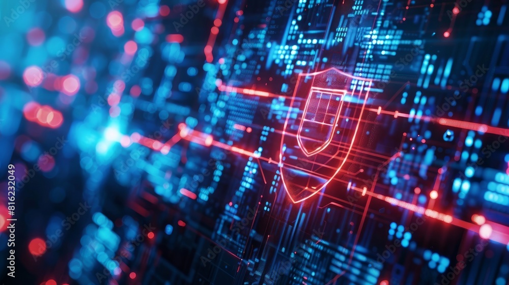 Poster digital screen displaying a shield with a lock, symbolizing security.