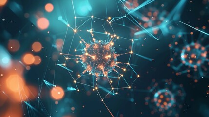 Glowing hologram of virus molecular structure with dark background.