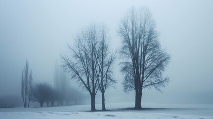Silhuetas de árvores escuras em fundo de inverno enevoado. Cena misteriosa de inverno. Depressão de inverno, conceito de solidão