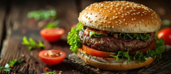 Juicy hamburger on wooden table