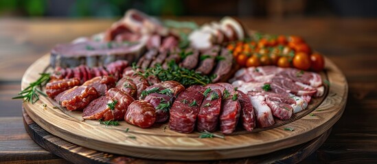 Fototapeta premium Platter of meat on wooden table