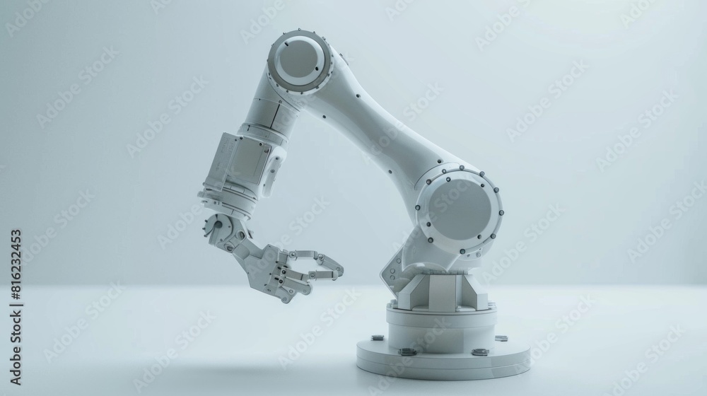 Poster automation factory concept with one robotic arm on white background with empty space.