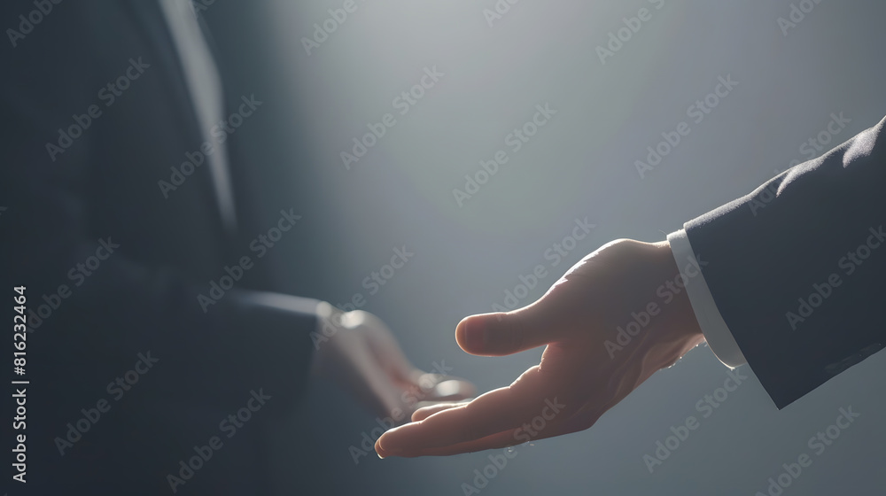 Poster The man is standing and shows an outstretched hand with an open palm Businessman showing empty hand and presenting with hand empty copy space Open hand Holding giving showing presentin : Generative AI
