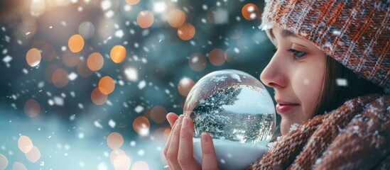 Naklejka premium Girl holding snow globe