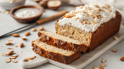 Sliced almond bread topped with whipped cream. Studio food photography. Dessert and baking concept