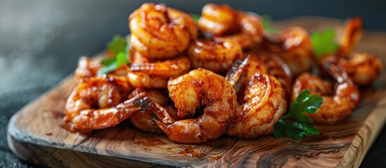 Grilled shrimp on wooden cutting board