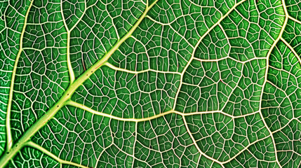 Texture of a leaf, intricate network of veins, vivid green color.