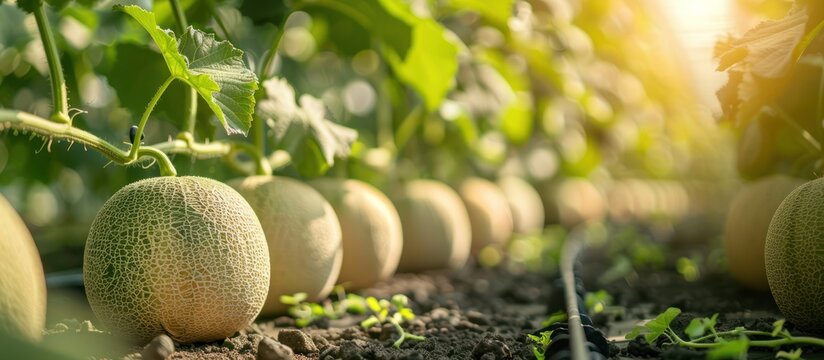 Lush melon fruits growing on the vine in a sunlit garden, morning