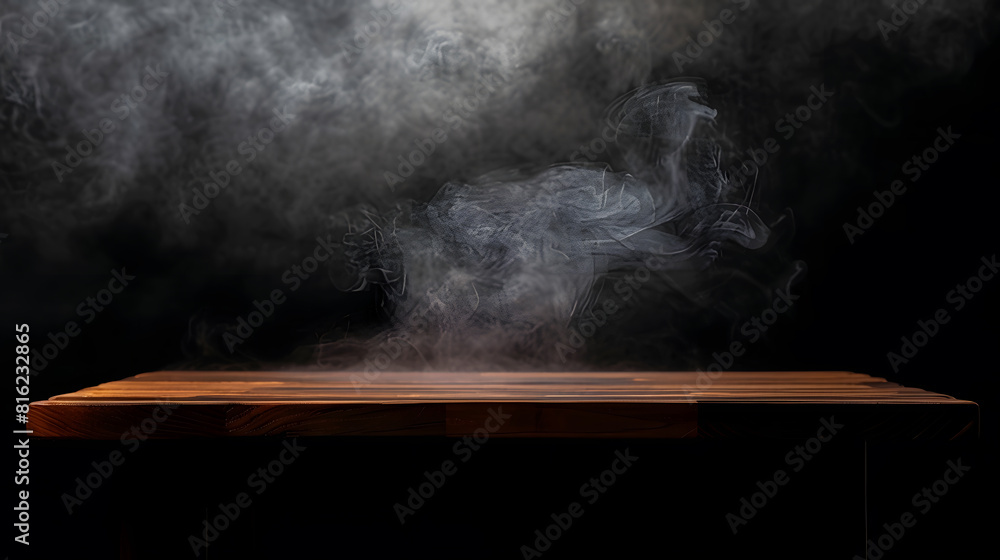 Poster On a black background an empty wooden table with smoke floats up Empty space for displaying your products with a smoke float up on a dark background Space available for displaying your : Generative AI