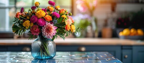 Colorful flowers in blue vase on kitchen counter