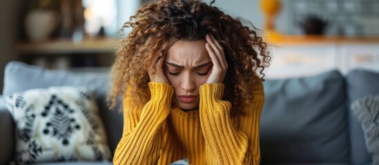 Stressed woman sitting on couch